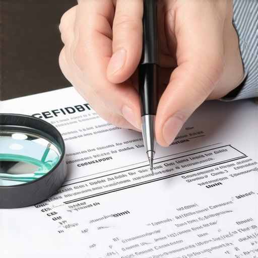 Person analyzing credit report for inaccuracies with pen and magnifying glass