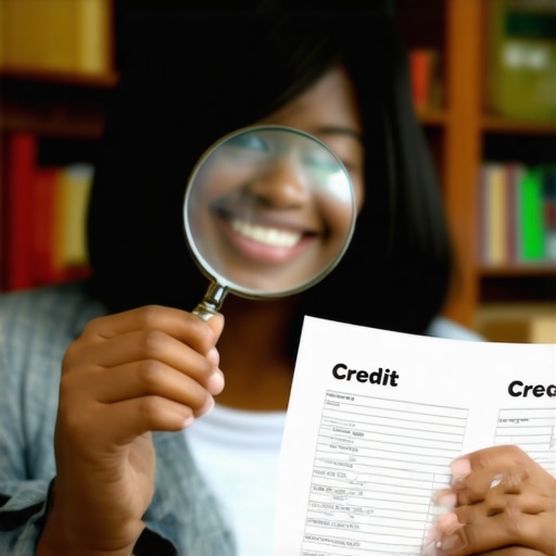 Person analyzing credit report documents with a magnifying glass.