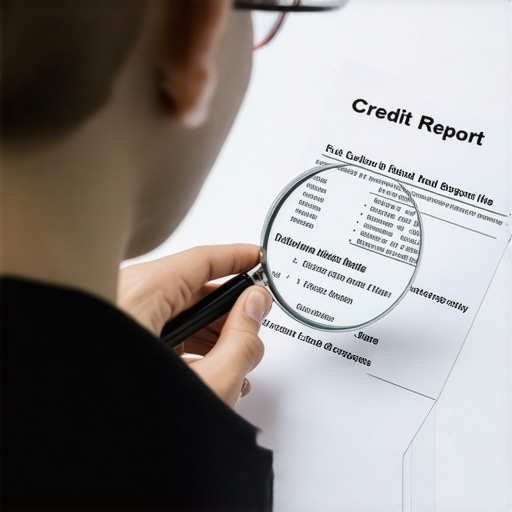Person analyzing credit report for inaccuracies with magnifying glass.