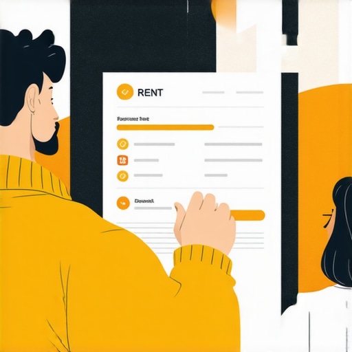 Reviewing Rent Payments for Credit Building A landlord and tenant examining a digital credit report together, focusing on rent payment history.