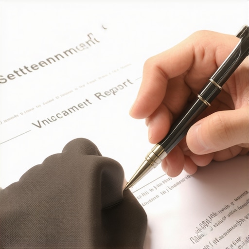 Person signing a settlement agreement with credit reports visible in the background