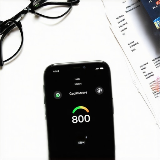 Smartphone showing an 800 FICO score next to financial documents.