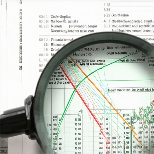 Close-up of credit report being scanned by AI and viewed through a magnifying glass