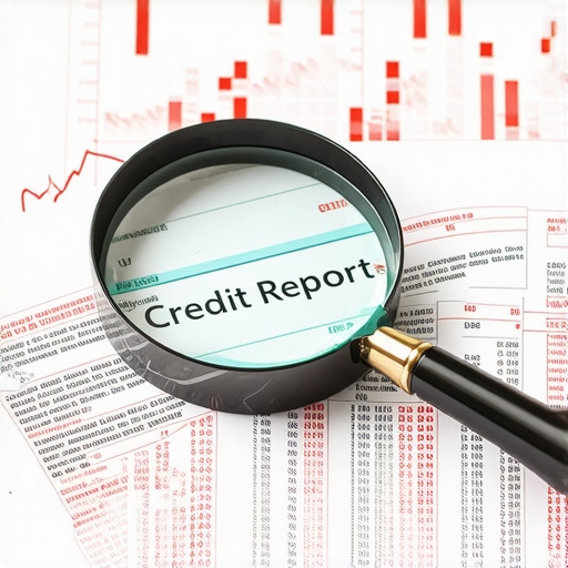 Close-up of a magnifying glass over a detailed credit report showing errors and data points.