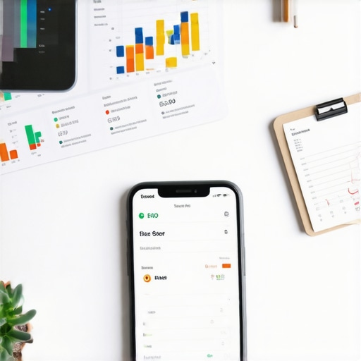 A digital dashboard and smartphone showing FICO score tracking and financial spreadsheets.