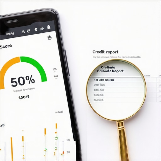 A smartphone showing a high credit score and a physical credit report with a magnifying glass