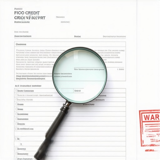 A magnifying glass examining a credit report for errors and hidden FICO score factors.