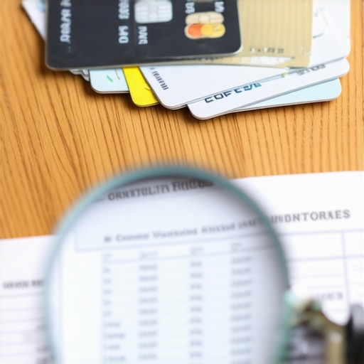 Close up of credit cards and magnifying glass over a FICO report