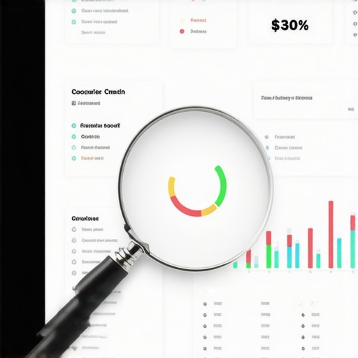 Close up of a credit report being audited with a magnifying glass and financial charts