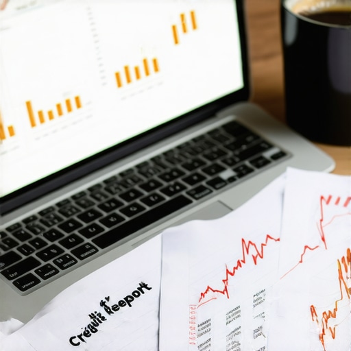 Paper credit report with red markers on a desk next to a laptop displaying financial data