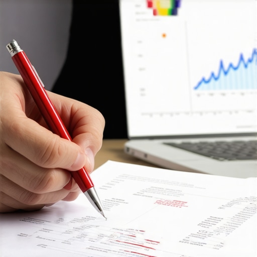 Close-up of hand circling errors on a credit report with a laptop showing a rising score graph in the background.