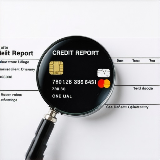 A magnifying glass focusing on specific data points on a credit report next to a credit card.