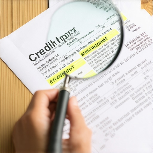 A physical credit report document on a desk being audited with a highlighter and magnifying glass.