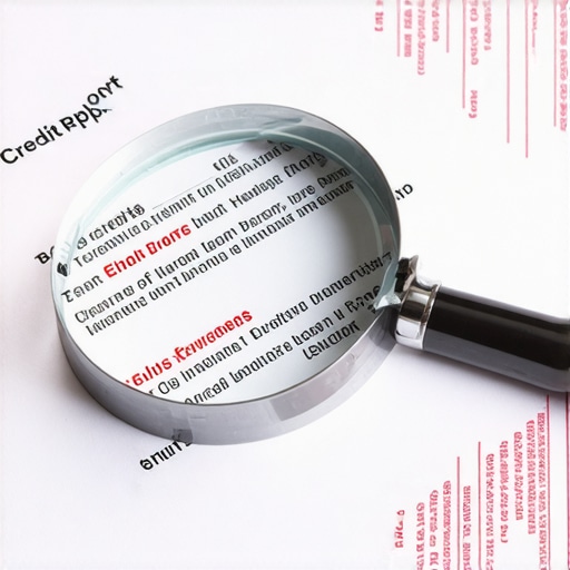 A magnifying glass highlighting specific entries on a detailed paper credit report.