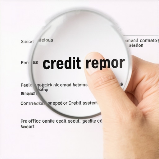 A person using a magnifying glass to find mistakes on a detailed printed credit report.