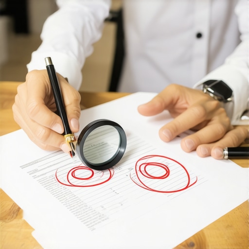 Close-up of a paper credit report being audited with a magnifying glass and red pen marks on a desk.