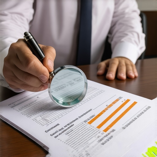 Analyzing credit report details with a magnifying glass Hands using a magnifying glass to audit specific details on a printed credit report