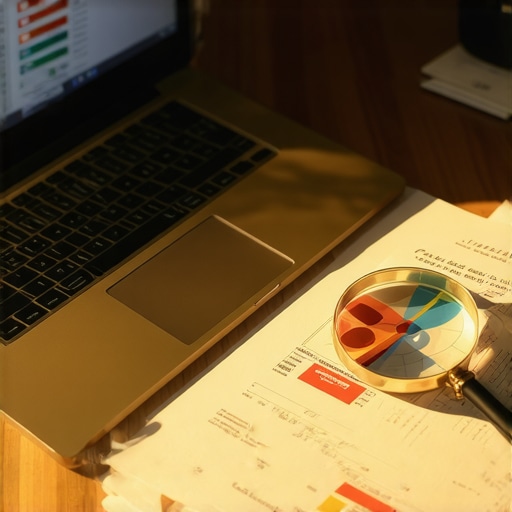 Analyzing credit report errors and FICO score factors A magnifying glass highlighting errors on a physical credit report next to a laptop displaying financial charts.