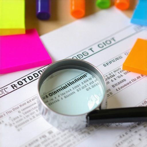 Analyzing credit report errors under a microscope A physical credit report with yellow highlight marks and a magnifying glass on a wooden desk.