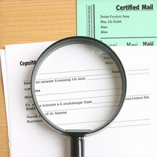 Auditing a credit report for errors A magnifying glass focusing on specific line items of a credit report next to a certified mail receipt.