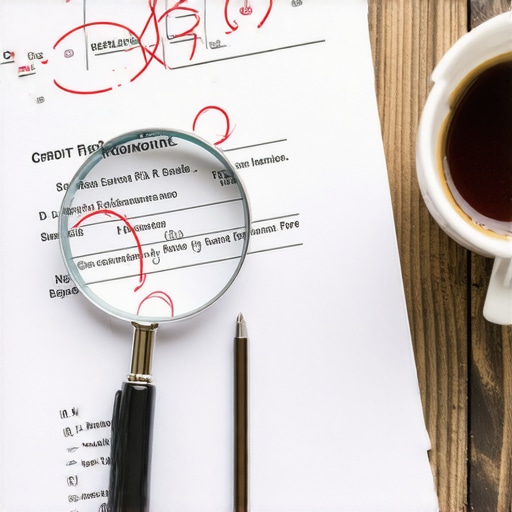 A magnifying glass highlighting errors on a credit report for manual auditing.