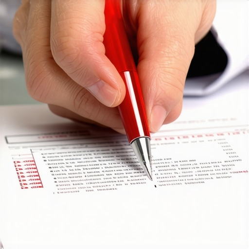 A person carefully circling errors on a physical credit report with a red pen.