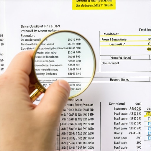 Close-up of a person using a magnifying glass to check a paper credit report for errors after a mortgage.