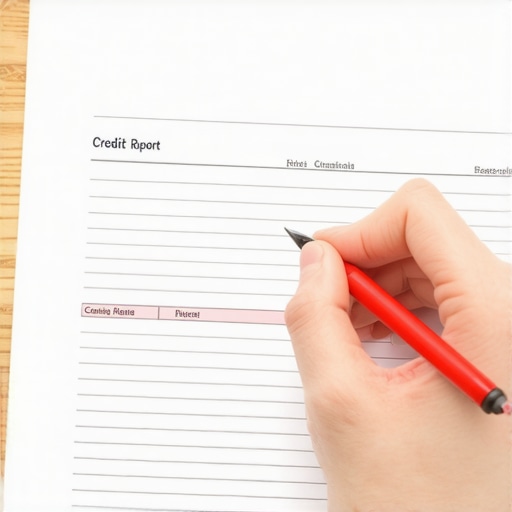 Auditing a physical paper credit report Close up of a hand highlighting errors on a paper credit report to improve FICO score.