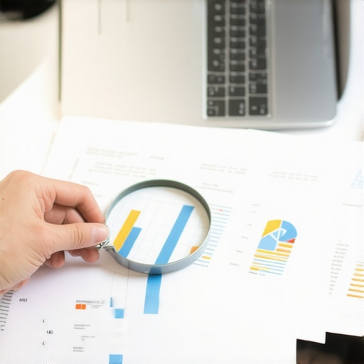 A person carefully examining a paper credit report next to a laptop showing financial graphs