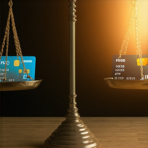 Balancing Credit Limits and FICO Scores A scale balancing credit cards and credit scores to represent financial stability.