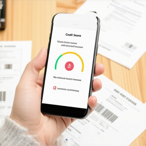 Smartphone showing a credit score boost notification next to utility bills