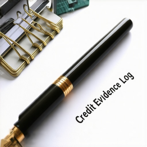 Building Your Credit Evidence Log A physical binder and pen representing a credit repair evidence log for FICO maintenance.