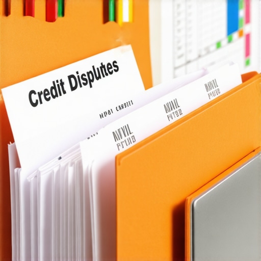 A desk with credit dispute documents and a spreadsheet for tracking FICO improvements.