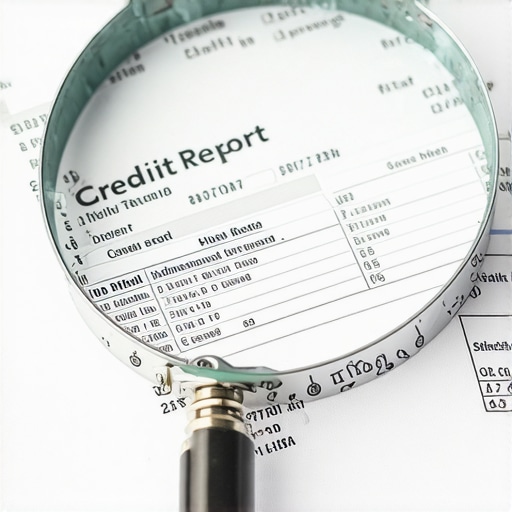 A magnifying glass focusing on line items of a credit report to identify errors.