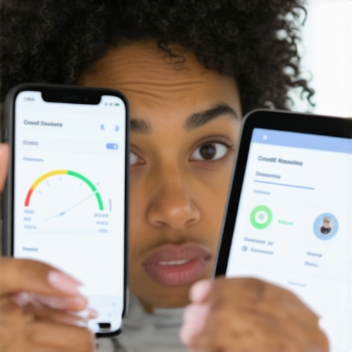A person comparing different FICO score results on mobile devices to illustrate the difference between bank apps and lender scores.