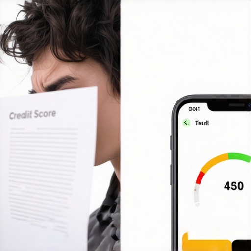 A person comparing a high mobile credit score with a lower paper report score.