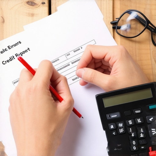 Hands circling errors on a paper credit report using a red pen on a desk