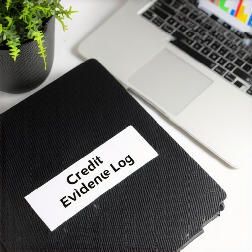 An organized evidence log binder next to a computer screen showing credit growth