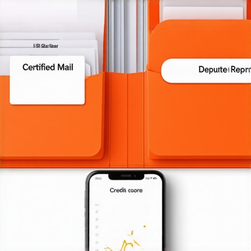 An organized folder for credit dispute documents and a smartphone showing a high FICO score