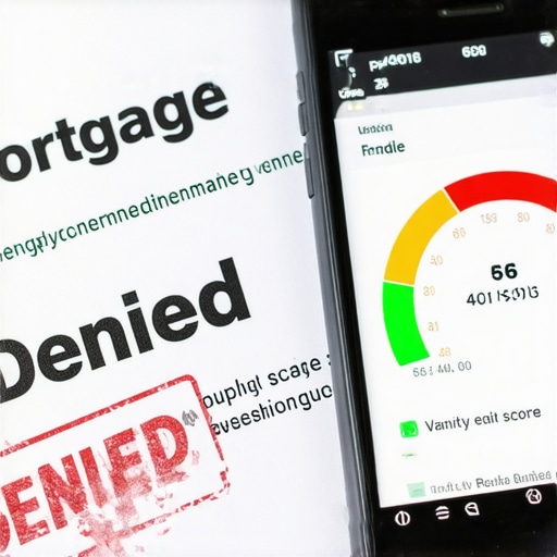 A denied mortgage application next to a high credit score on a phone screen.
