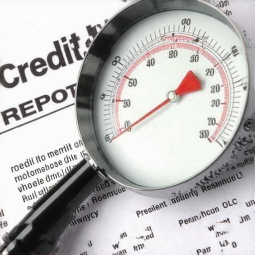 A magnifying glass over a credit report showing a stalled score gauge.