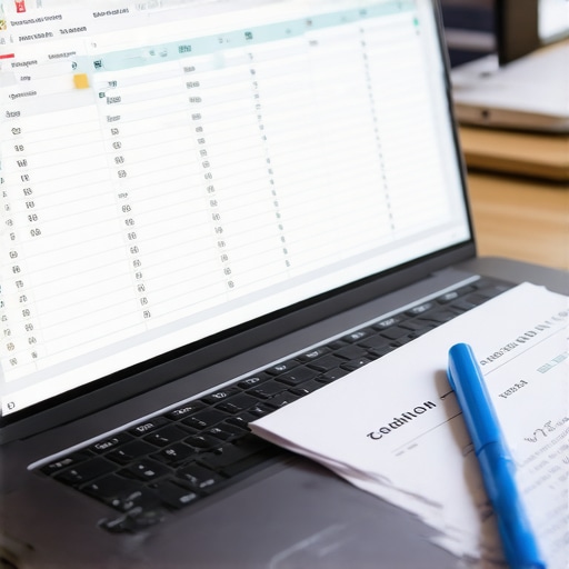 Close up of a credit tracking spreadsheet on a laptop with a blue pen and credit report.