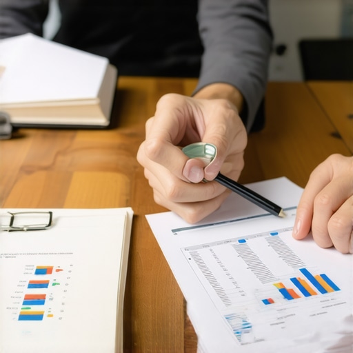A person using a magnifying glass to find errors on a paper credit report to improve their FICO score.