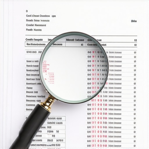 A magnifying glass examining a credit report for errors and FICO score nuances.