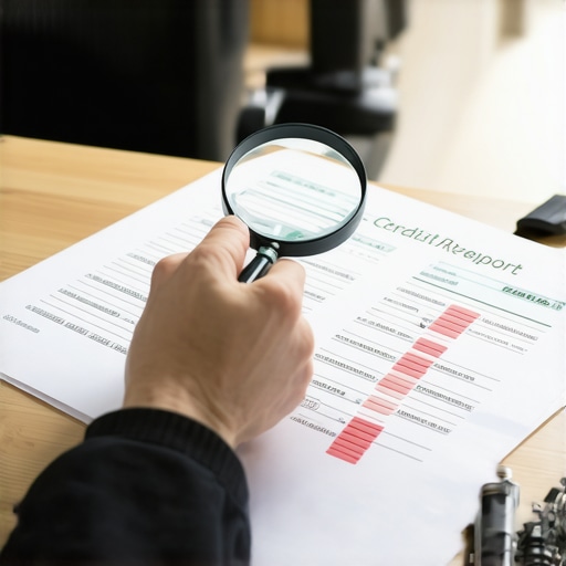 A person auditing a credit report for errors and account age using a magnifying glass.