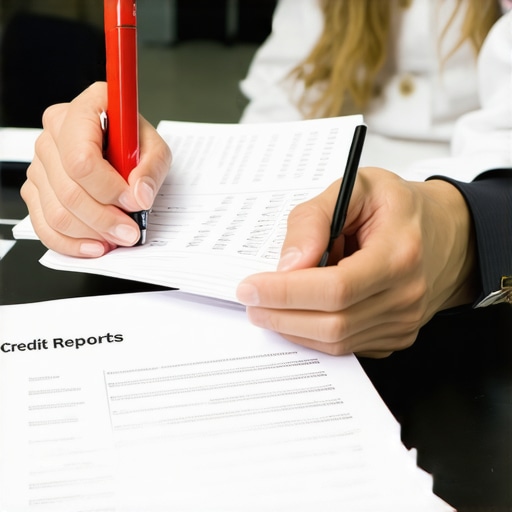 Detailed Credit Report Audit A close-up of a person auditing a paper credit report with a red highlighter to find reporting errors.