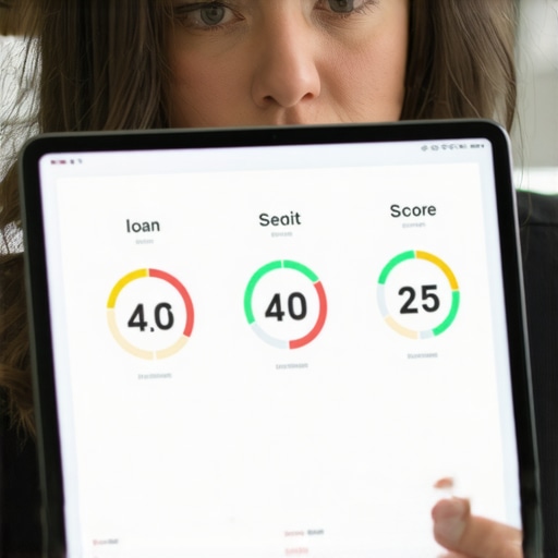 A digital tablet showing varied credit scores for auto loans and mortgages