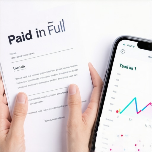 Person holding loan payoff documents and checking credit score on phone.