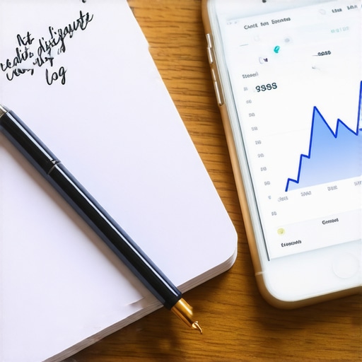 A notebook and smartphone used for tracking credit score progress and dispute history.