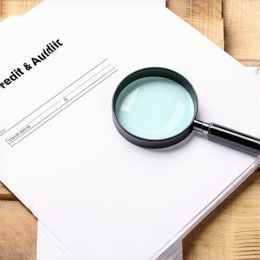 A desk with a magnifying glass and documents used for auditing a credit report and building a dispute evidence log.